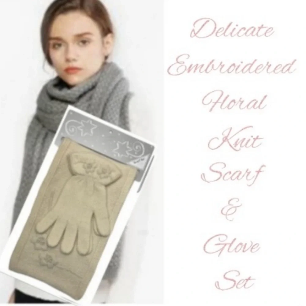 Floral Luxury Knit Scarf Gloves Set Ivory Cream Tan Beige Natural Luxury Scarves